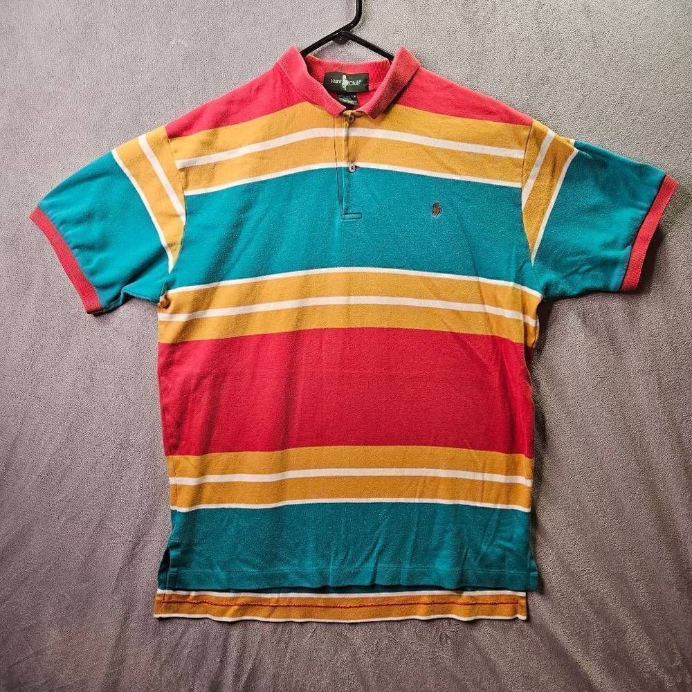 Hunt Club Vintage Striped Polo Shirt Blue Yellow Mens Size L